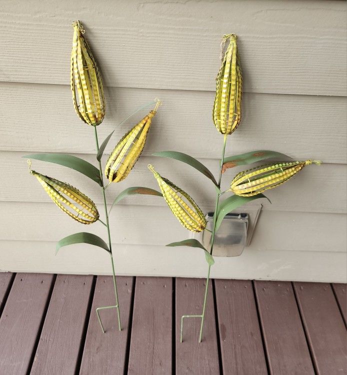 Two Corn Stocks In Colorful Metal Finish, Garden Decor.