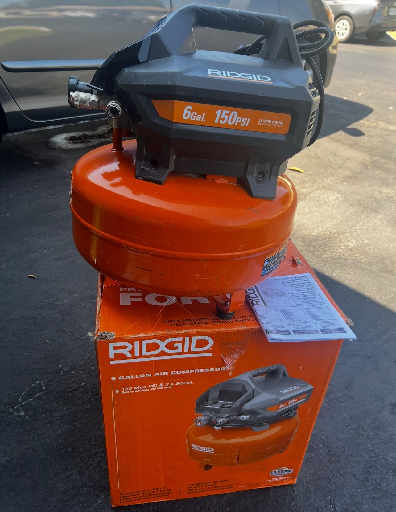 RIDGID AIR COMPRESSOR 6 Gal. 150 PSI Portable Electric Oil-Free Jobsite Pancake Air Compressor with Dual Pressure Gauges and 2-Quick Couplers