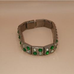 Green and White Rhinestones Bracelet, Signed AllCo, a few dark flecks