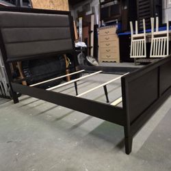 Modern Espresso / Gray Upholstered Full Size Bed Frame