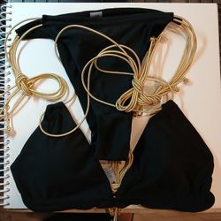 Shein Swim Size Small Black And Gold String Triangle Top Bikini 