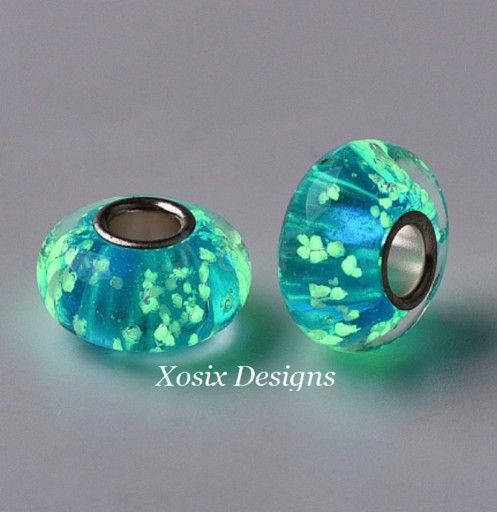 2 Charms /Glow In The Dark Beads/Blue Murano Glass Charms/ European Beans/ Large Hole Murano Glass Beads/Fit Pandora Bracelet