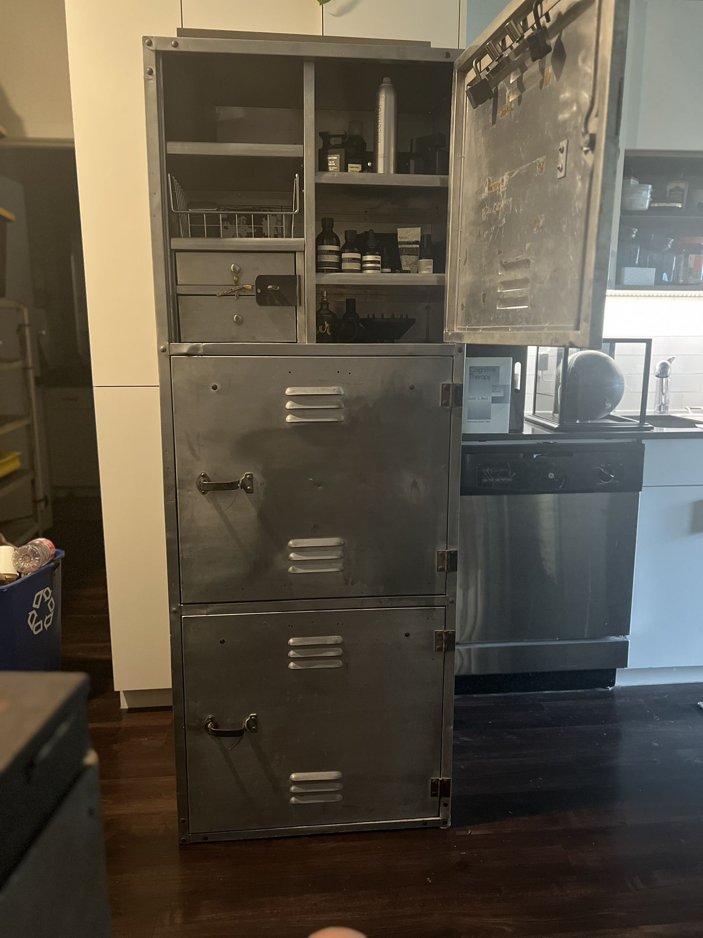 Excellent Condition 3 Compartment metal naval Lockers W/compartmental Organized Shelving And Locking Drawers