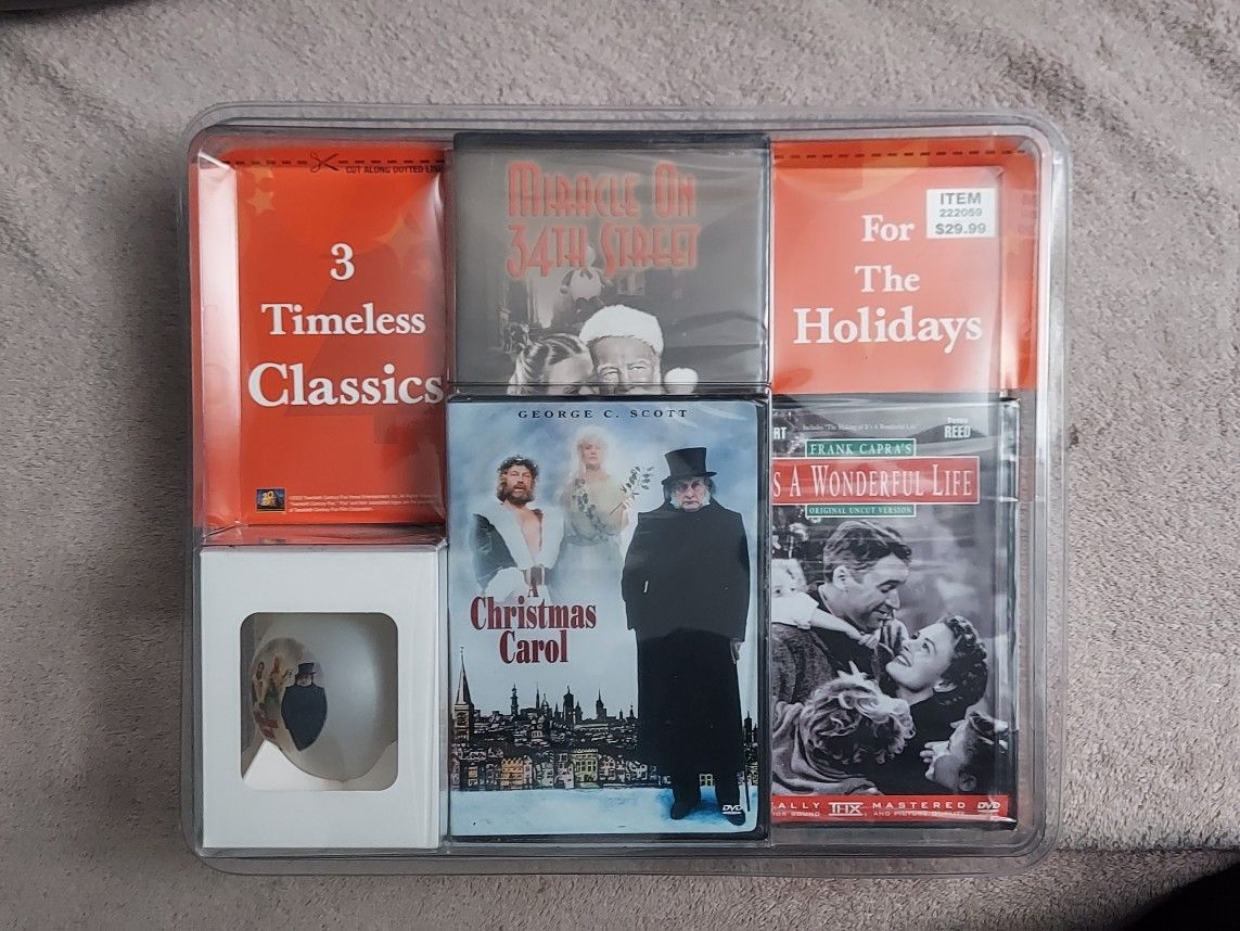 NEW DVD SET & ORNAMENT OF 3 TIMELESS CLASSIC HOILDAY CHRISTMAS MOVIES, INCLUDES COLLECTIBLE GLASS "A CHRISTMAS CAROL" ORNAMENT