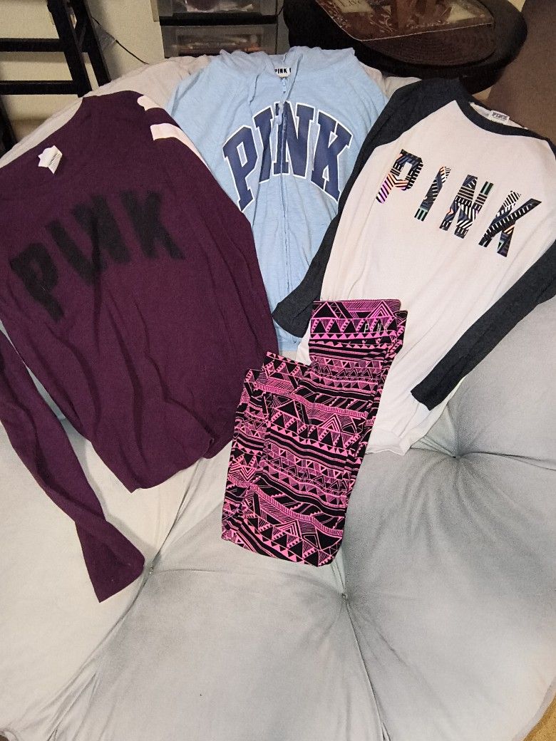 Lot of 4 Women's Pink Yoga & Pink T~Shirts & Pink Zip Hoodie Victoria's Secret Med Sm Sm Med All in LOVINGLY USED Condition Average signs of use only
