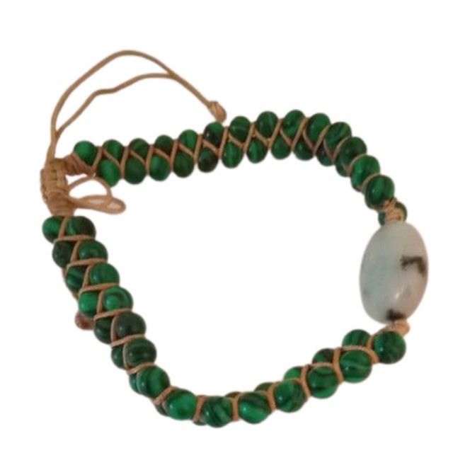 Malachite Bead Leather Braided Bracelet