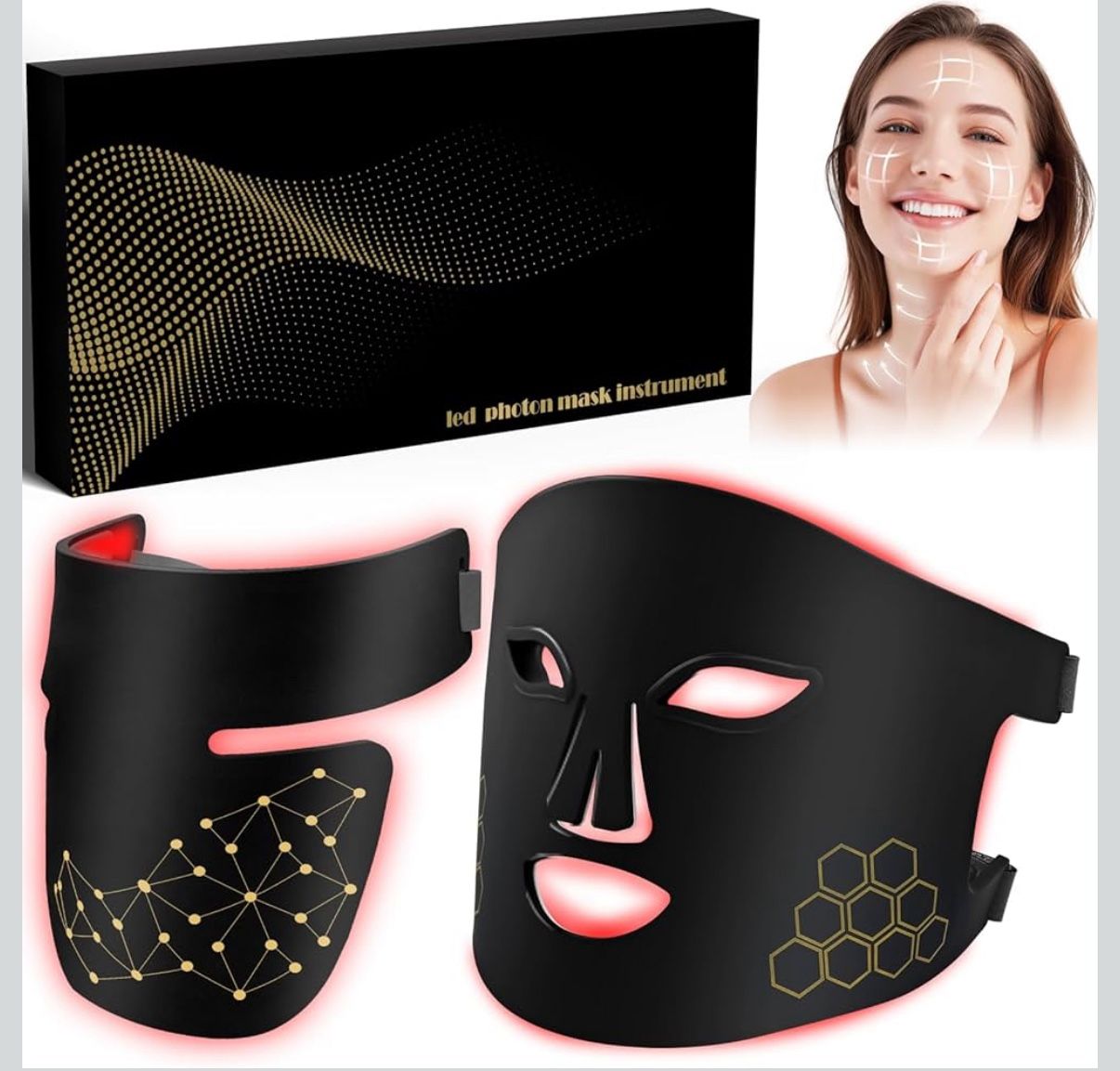 Red Light Therapy for Face and Neck, Infrared LED Mask Light Therapy 4 Light Waves with 850nm Near Infrared, Portable Rechargeable Red Light Therapy M
