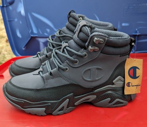 Brand NEW CHAMPION Bromad C-Lock Leather Hiking Boots Size 7Y Gray & Black