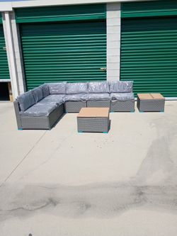 8 piece outdoor patio furniture set grey frame with grey cushions