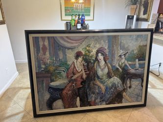HUGE Oil Painting Girls In The Club By K.Barnes Vintage Framed Wall Art