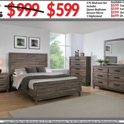 4pc Bedroom Set $599 Queen $699 Eastern King Includes bedframe Dresser mirror nightstand Brown Bedroom Set