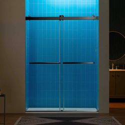 REFT-6080-MBL Frameless Double Sliding Shower Door with Soft Close System, 57.5-60" Width x 80"Height with 3/8"(10mm) Clear Tempered Glass in Matte Bl