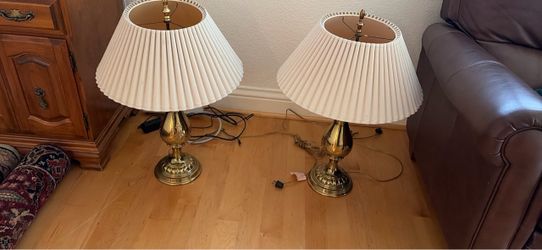 Pair of Brass Table Lamps with White Pleated Shades