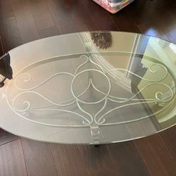 Vintage Rubbed Bronze Rod Iron Glass Oval Coffee Table with beveled edge