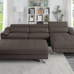 ASH BROWN BONDED LEATHER SECTIONAL SOFA ADJUSTABLE HEADREST XL OTTOMAN - SILLON SECCIONAL CAFE