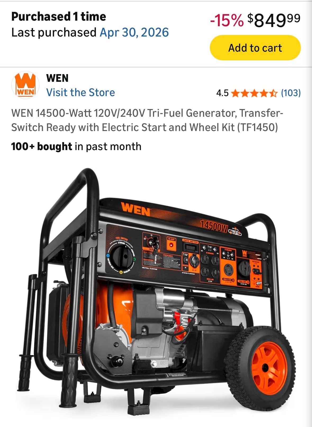 14500 Watt, Tri-Fuel Generator. Combo Electric & pull Start