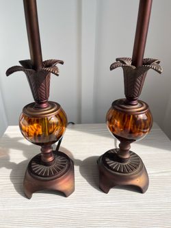 Vintage Hollywood Regency Pineapple Table Lamps Amber Glass & Bronze Finish Pair