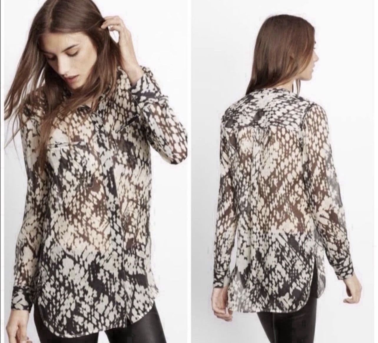 Vince Basketweave 100% Silk Button Down Abstract Printed Blouse Size 8