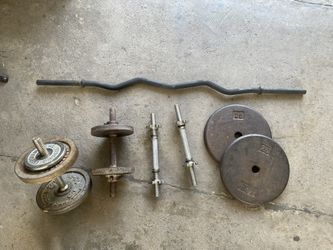 Weights Standard Size 1” Hole USA made 85lbs With Dumbbells And Curl Bar