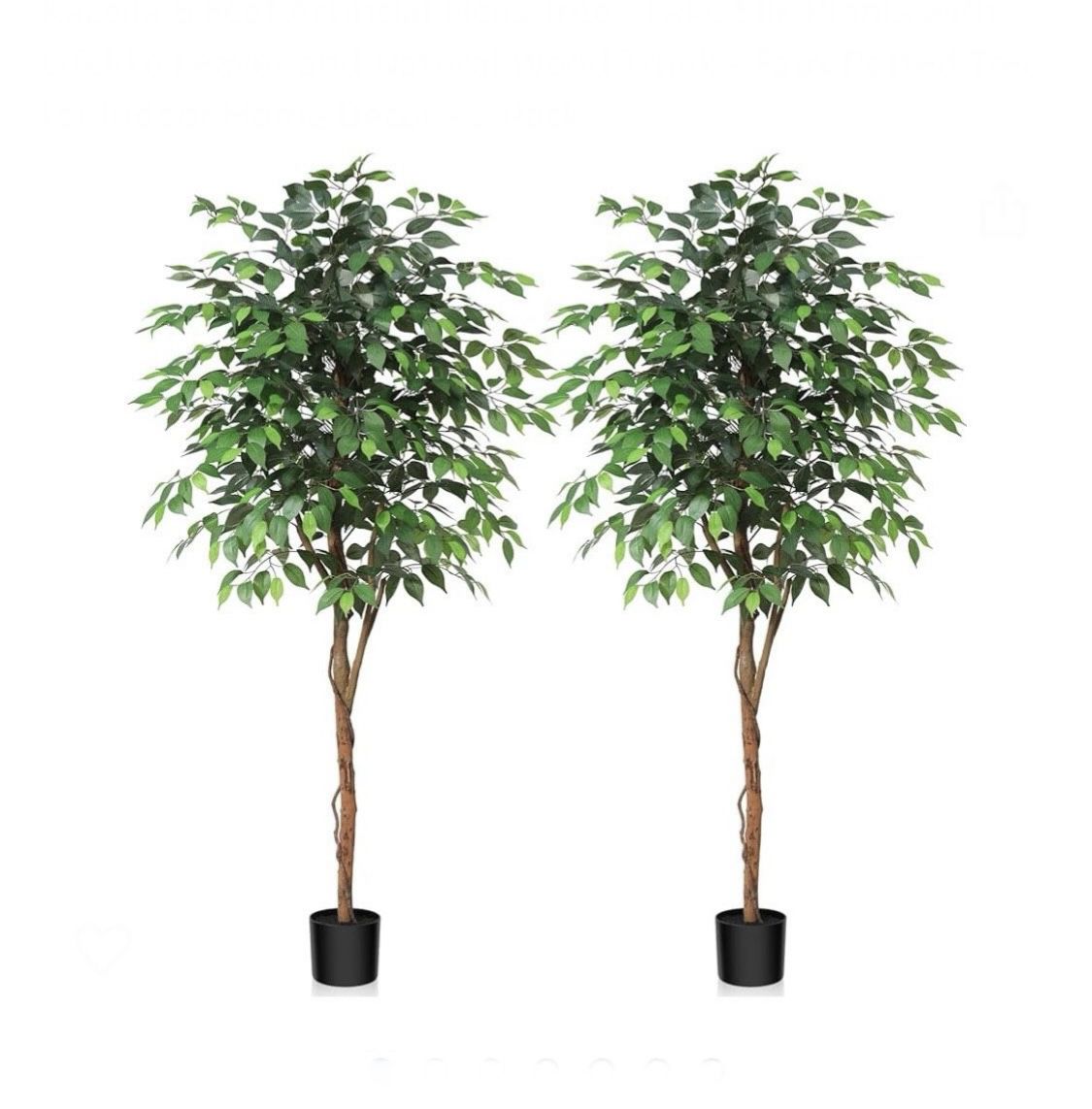 Kazeila 6 Feet Artificial Ficus Tree - Fake Silk Plants with Lifelike Leaves and Natural Wood Trunk - Faux Potted Tree for Indoor Home Decor - 2 Pack