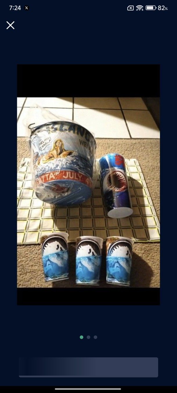 Jaws 50th Anniversary Popcorn  Bucket Brand New! + Brand New Cup + 3 used Jurassic Park rebirth cups