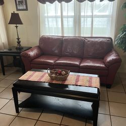 Leather Couch, Coffee Table, and Side Table