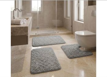 Gray 3 Piece Bathroom Rugs Fluffy Microfiber Non-Slip Bathroom Mat with U-Shaped Contour Toilet Mat Water Soft Absorbent Bath Floor Rug Washable for T