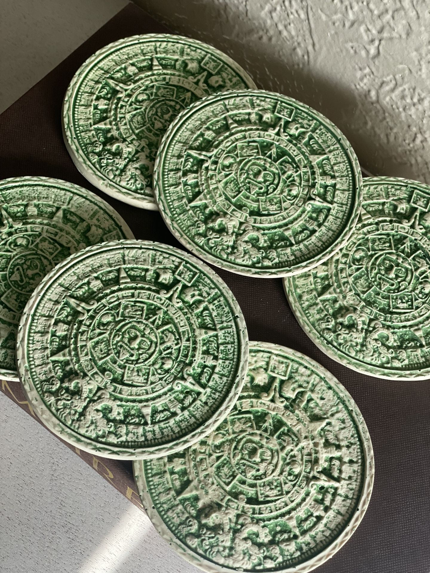 Green Aztec Mayan Calendar Ceramic Coasters (Set of 6)