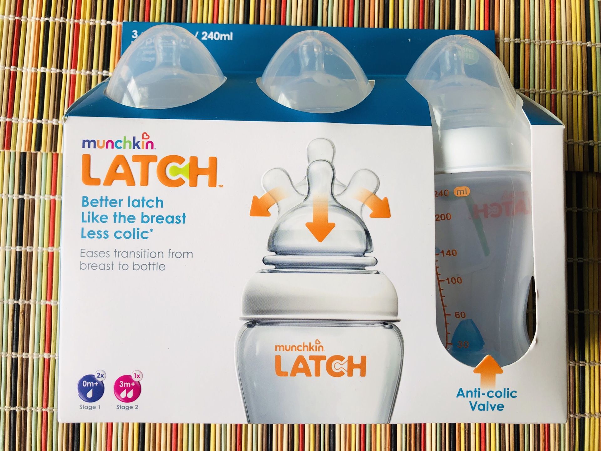 Munchkin latch bottle 3 pack 8 oz / 240 ml Stage 1/0m+/ 2 bottle Stage 2/3m+/1 bottle