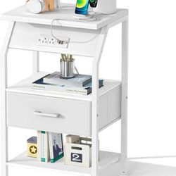 Gannyfer Nightstand with Charging Station and USB Ports, Night Stand with Fabric Drawer and Storage Shelf, Small Bedside Table for Bedroom, 3-Tier End