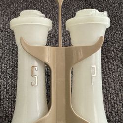 Vintage Tupperware mini hourglass salt & pepper shakers set with carrying caddy