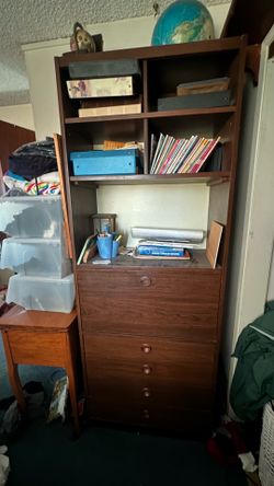 Dark Brown Wooden Secretary Desk with Bookshelf