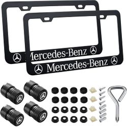 *NEW* 2 Black Plastic License Plate Car Frames for Mercedes Benz & Tire Screw Caps
