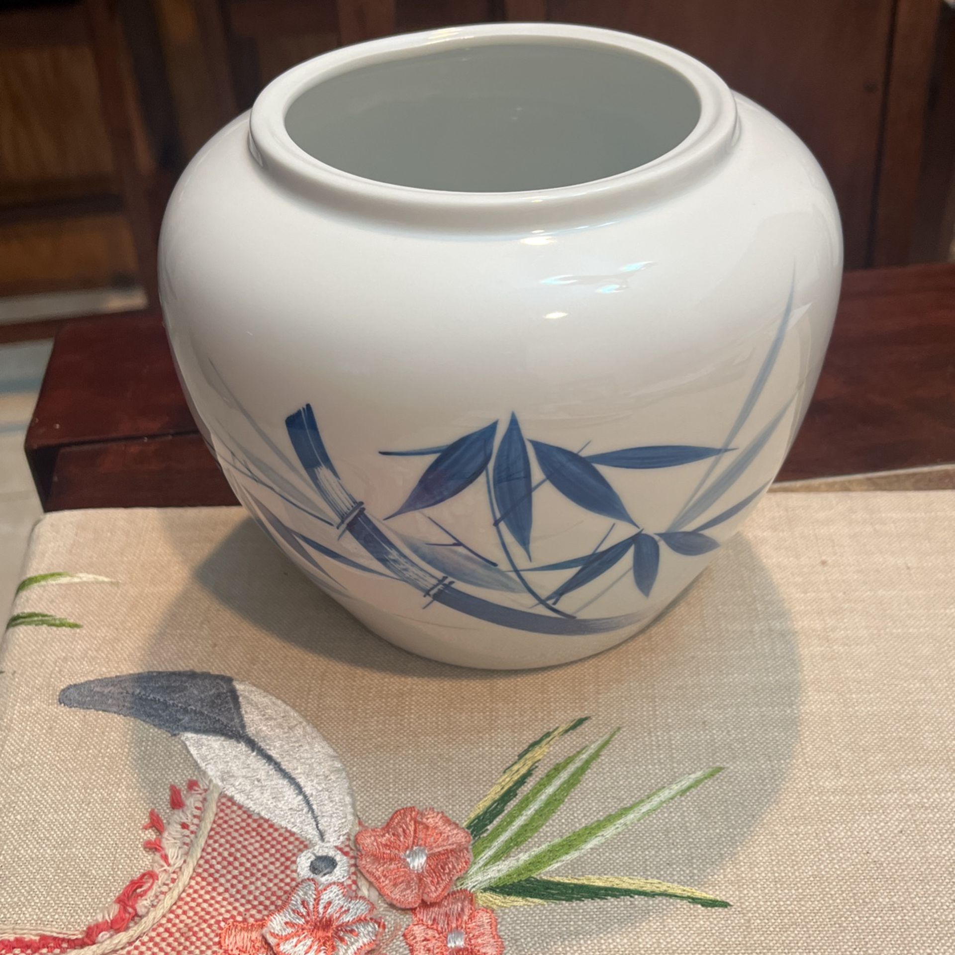 Vintage Chinese/japanese Blue & White Ceramic Vase or Pot for Planting W/ Bamboo Motifs