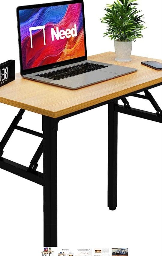Need Folding Desk Small Desk 31 1/2" No Assembly Foldable Computer Desk for Small Space/Home Office/Dormitory,Teak&Black Frame