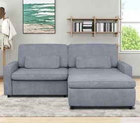 Like New Gray Corduroy L-Shaped Sectional Sofa with Ottoman