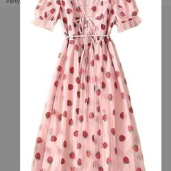 KL Women's V-Neck Belt Strawberry Short-Sleeved Party Mid-Length Dress Mesh Puff Sleeve