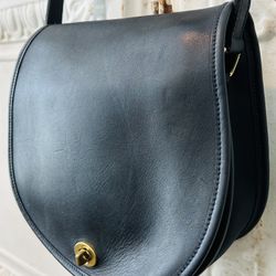 Vintage Navy Blue Leather Flap Messenger Twist lock Crossbody Shoulder Bag