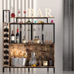 Home Bar Table, 4 Tier Liquor Cabinet Bar with Stemware Racks and Wine Storage Shelves, Mini Bar Wine Cabinet for Home Kitchen Pub, Rustic Brown