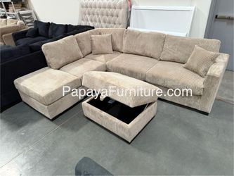 NEW 105" Sectional Couch Set Reversible Left or Right Chaise FREE STORAGE OTTOMAN Soft Tan Fabric Ashley Jerome Style USB Discount Furniture BIG SALE 