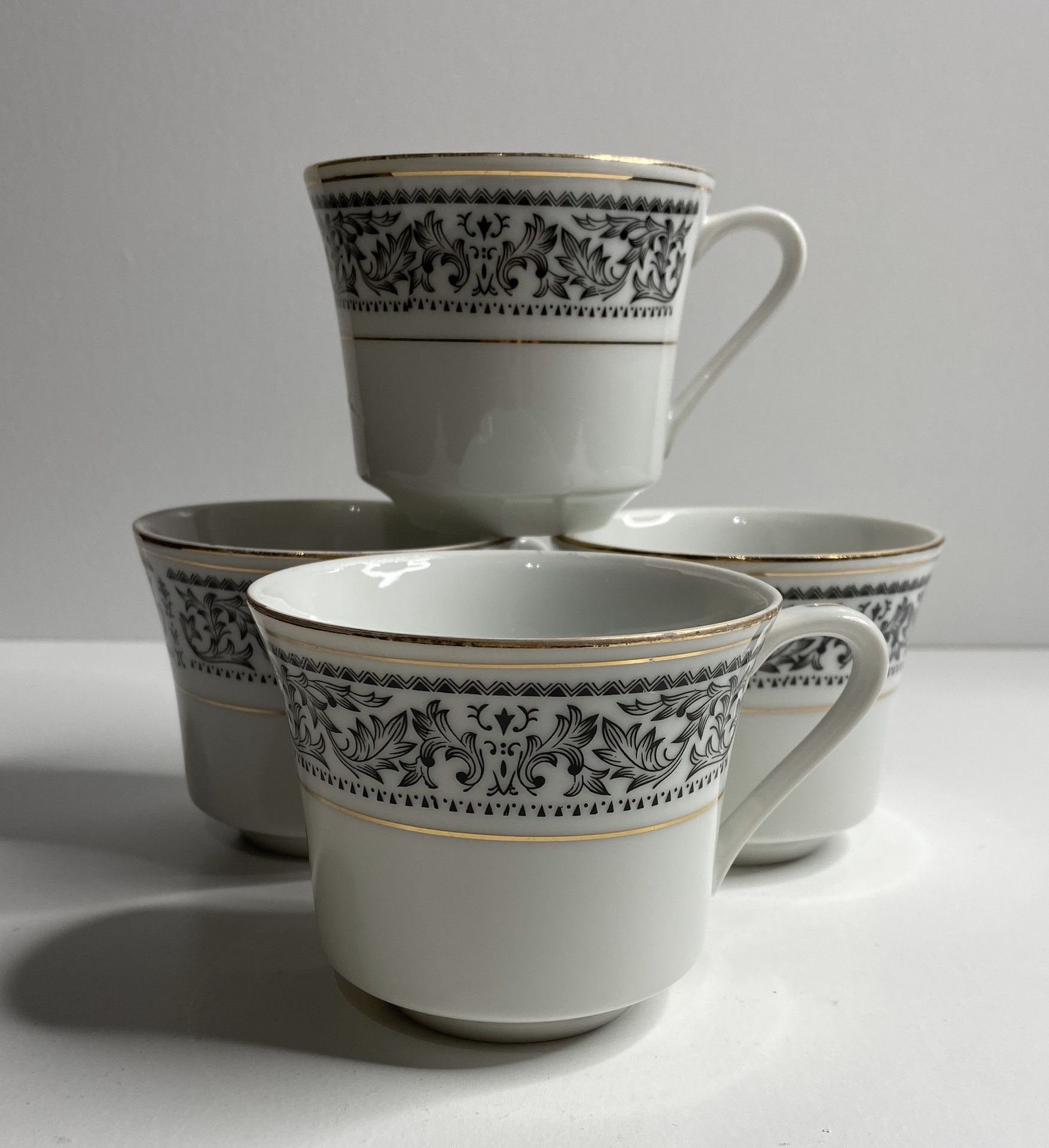 Taihei Brocade Fine China Coffee Tea Cups Black White Gold Trim Set Of 4
