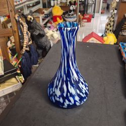 Bold Blue & White Splatter Or Swirl Art Glass Vase - Italian Style 9.75"H X 5.75"W At Bottom