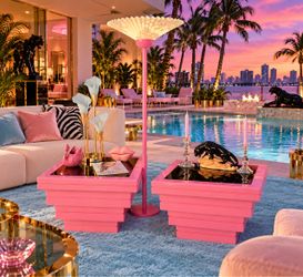 1980's Postmodern Step Pyramid Art Deco Square Hot Pink & Smoked Mirrored Wood  table