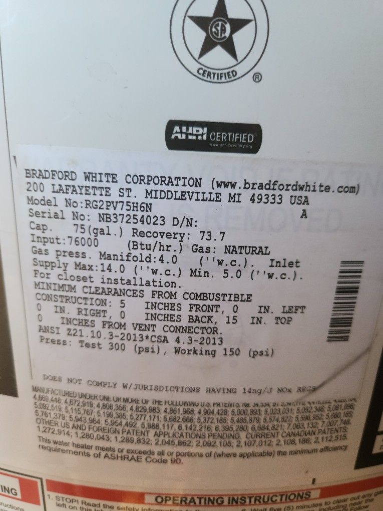 Bradford White 75 Gal. Natural Gas Power Vent Water Heater for Sale in