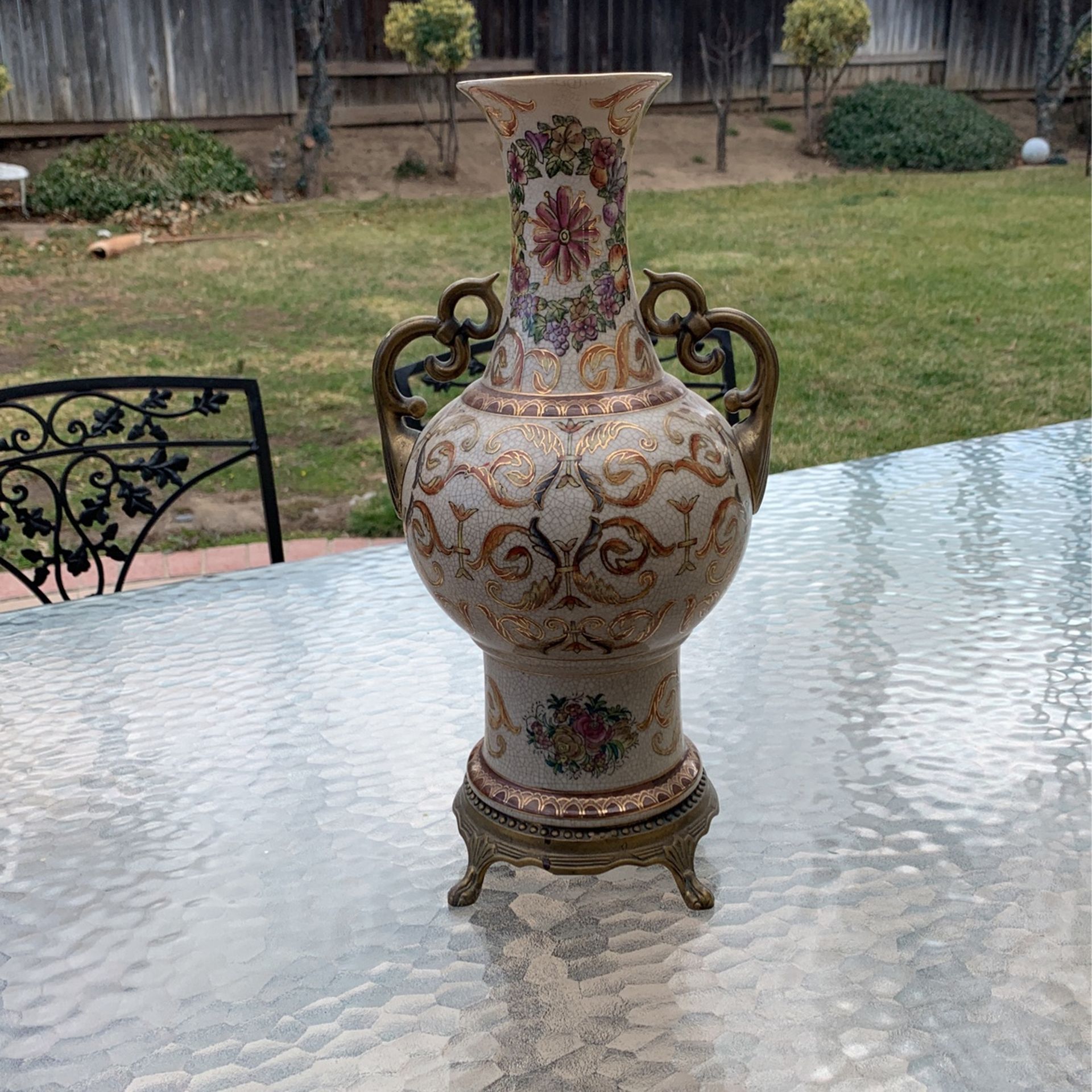 14.5” Tall Dominic Vase With Bronze Handles & Base