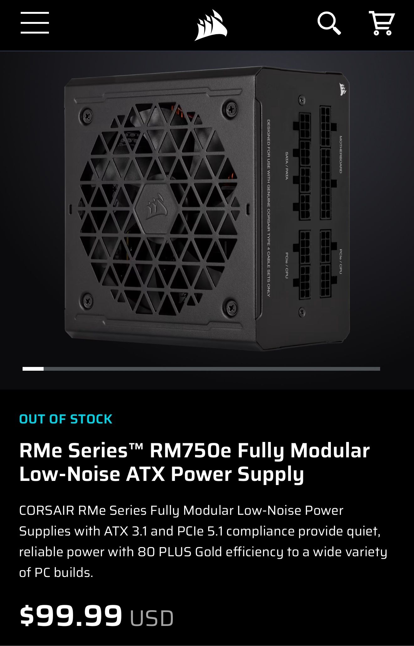 Corsair RMe Seriesâ„¢ RM750e Power Supply