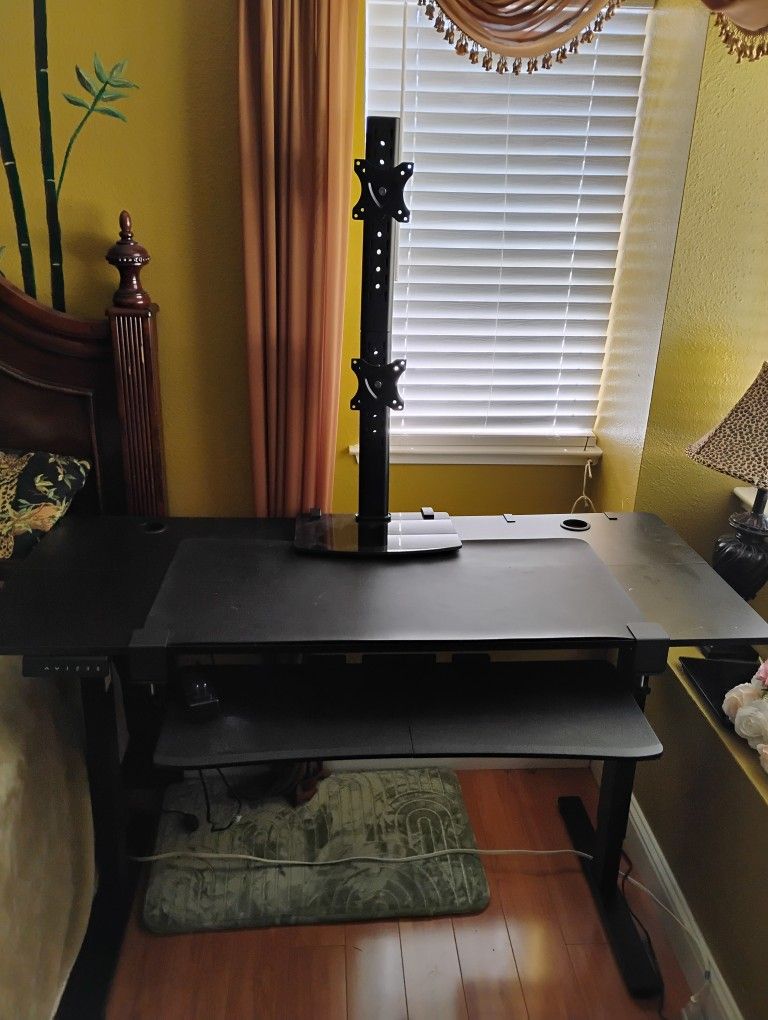 Standing desk + keyboard tray, dual monitor stand, cable management