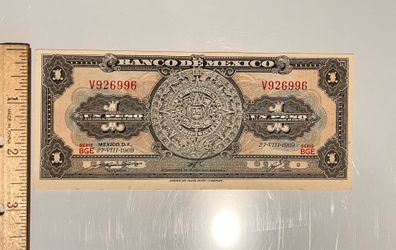 1969 Mexican banknote 1 Peso Aztec Calendar / Collectible!