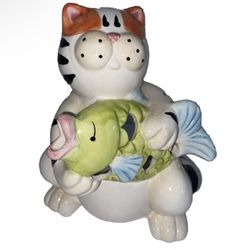 Vintage fat Cat holding fish Tea Light Holder Figurine ceramic 90s colorful