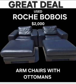 Roche Bobois Leather Armchairs with Ottomans